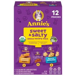 Annie's Sweet and Salty Snack Variety Pack, Cheddar Bunnies, Bunny Grahams and Bunny Fruit Flavored Snacks, Organic Kids Snacks, 12 Pouches, 10.8 oz