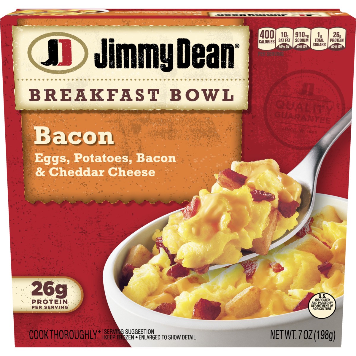 slide 1 of 9, Jimmy Dean Breakfast Bowl, Bacon, Frozen, 7 oz Bowl, 198.45 g