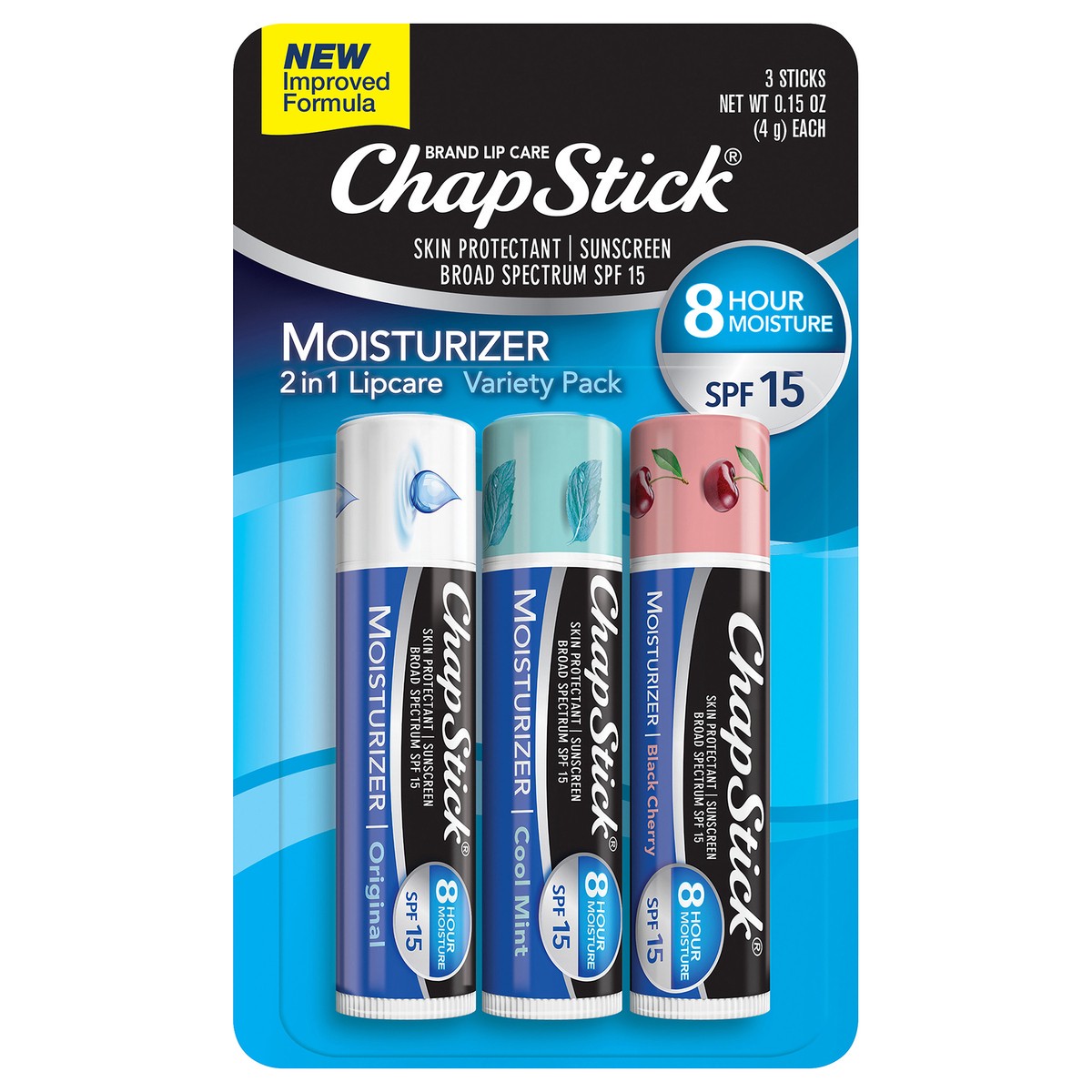 slide 1 of 11, ChapStick Moisturizer Original, Black Cherry and Cool Mint Lip Balm Tubes Variety Pack - 0.15 Oz (Pack of 3), 3 ct