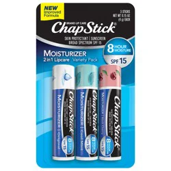ChapStick SPF 15 Sunscreen Moisturizer 2 in 1 Lipcare Variety Pack 3 - 0.15 oz Sticks