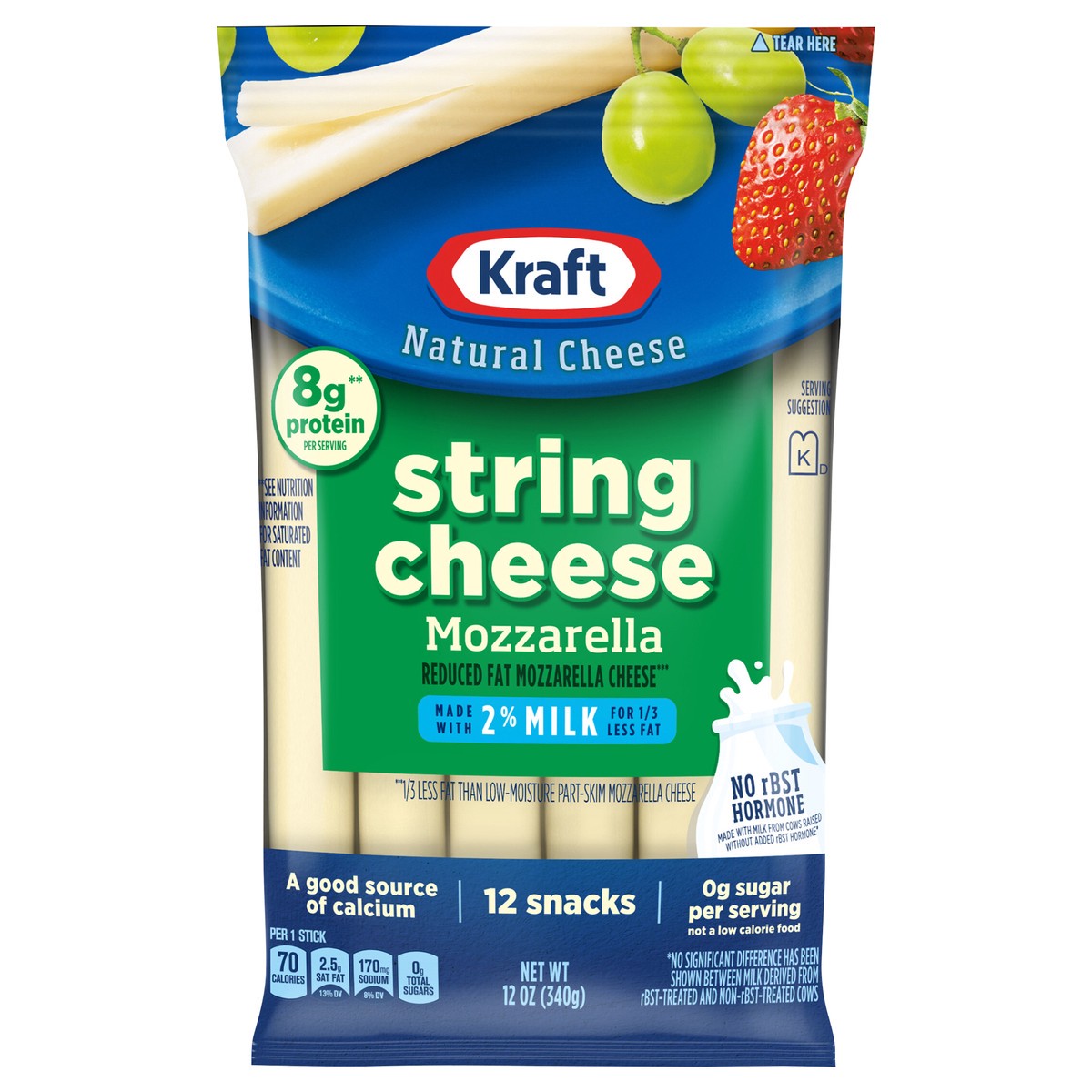 slide 1 of 13, Kraft String Cheese Mozzarella Cheese Snacks with 2% Milk, 12 ct Sticks, 12 oz