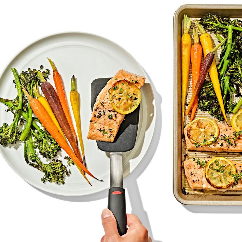 slide 6 of 6, OXO Silicone Flexible Turner: Black Dishwasher-Safe Cooking Spatula, Stainless Steel Handle, 12" Length, 1 ct