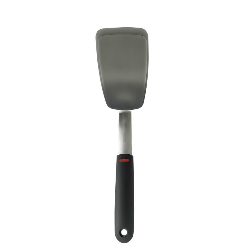 slide 1 of 6, OXO Silicone Flexible Turner: Black Dishwasher-Safe Cooking Spatula, Stainless Steel Handle, 12" Length, 1 ct