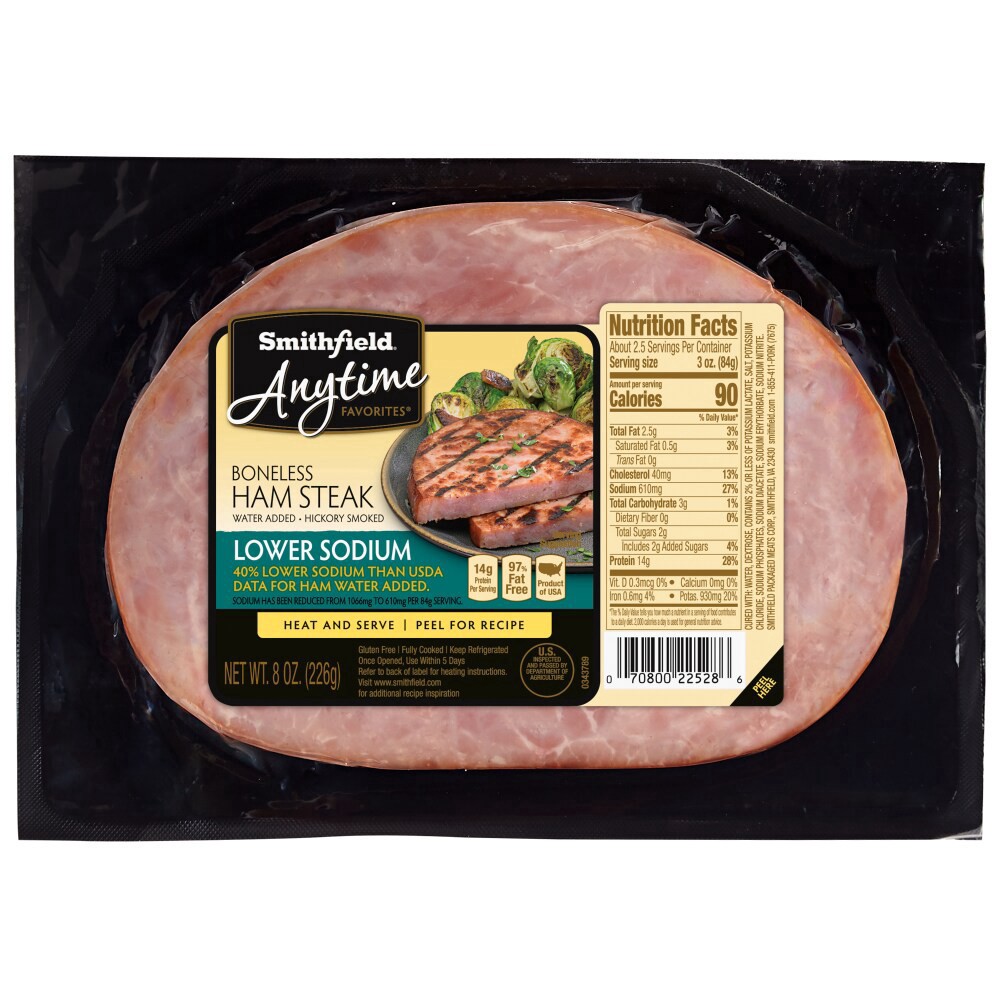 slide 1 of 1, Smithfield Anytime Favorites Lower Sodium Boneless Ham Steak, 8 oz