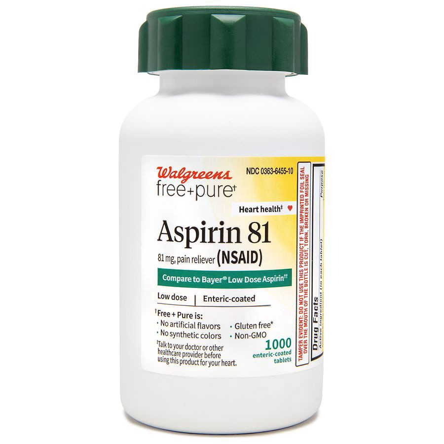 slide 1 of 3, Walgreens Free & Pure Aspirin 81 mg, Enteric-Coated Tablets, 1000 ct