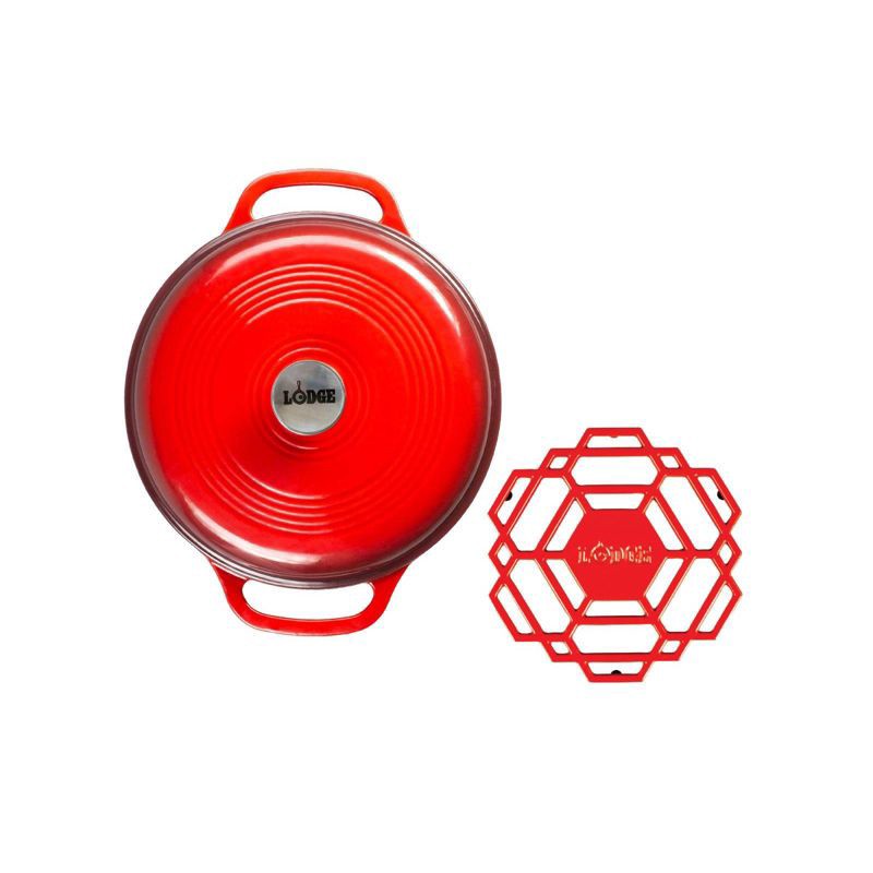 slide 3 of 3, Lodge 6qt Cast Iron Enamel Dutch Oven Red: Enameled Cast Iron Pot, Stainless Steel Handle, Oven-Safe to 500°F, 6 qt