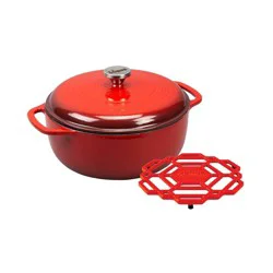 Lodge 6qt Cast Iron Enamel Dutch Oven Red: Enameled Cast Iron Pot, Stainless Steel Handle, Oven-Safe to 500°F