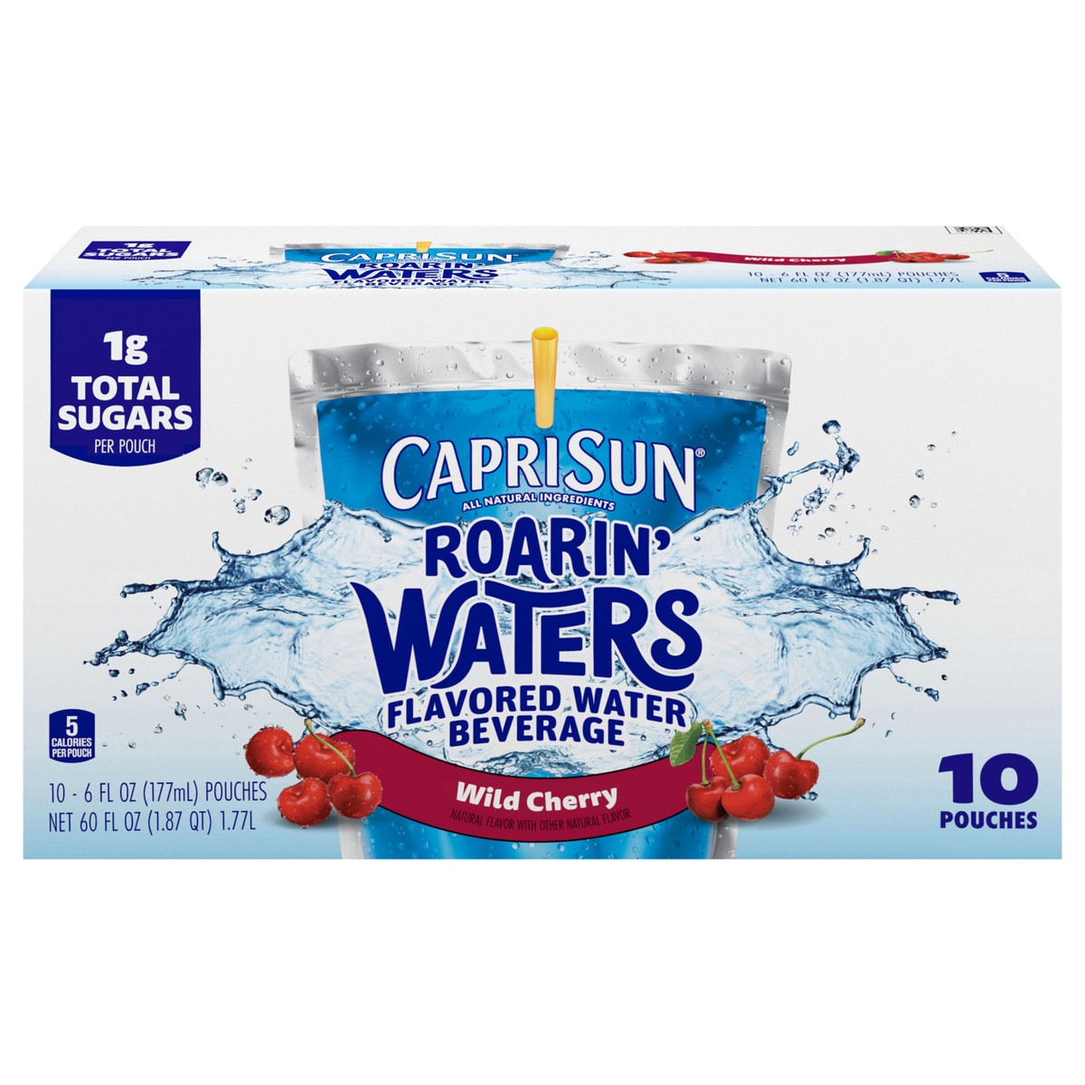 slide 1 of 5, Capri Sun Roarin' Waters Wild Cherry Flavored with other natural flavor Water Beverage, 10 ct Box, 6 fl oz Drink Pouches, 10 ct