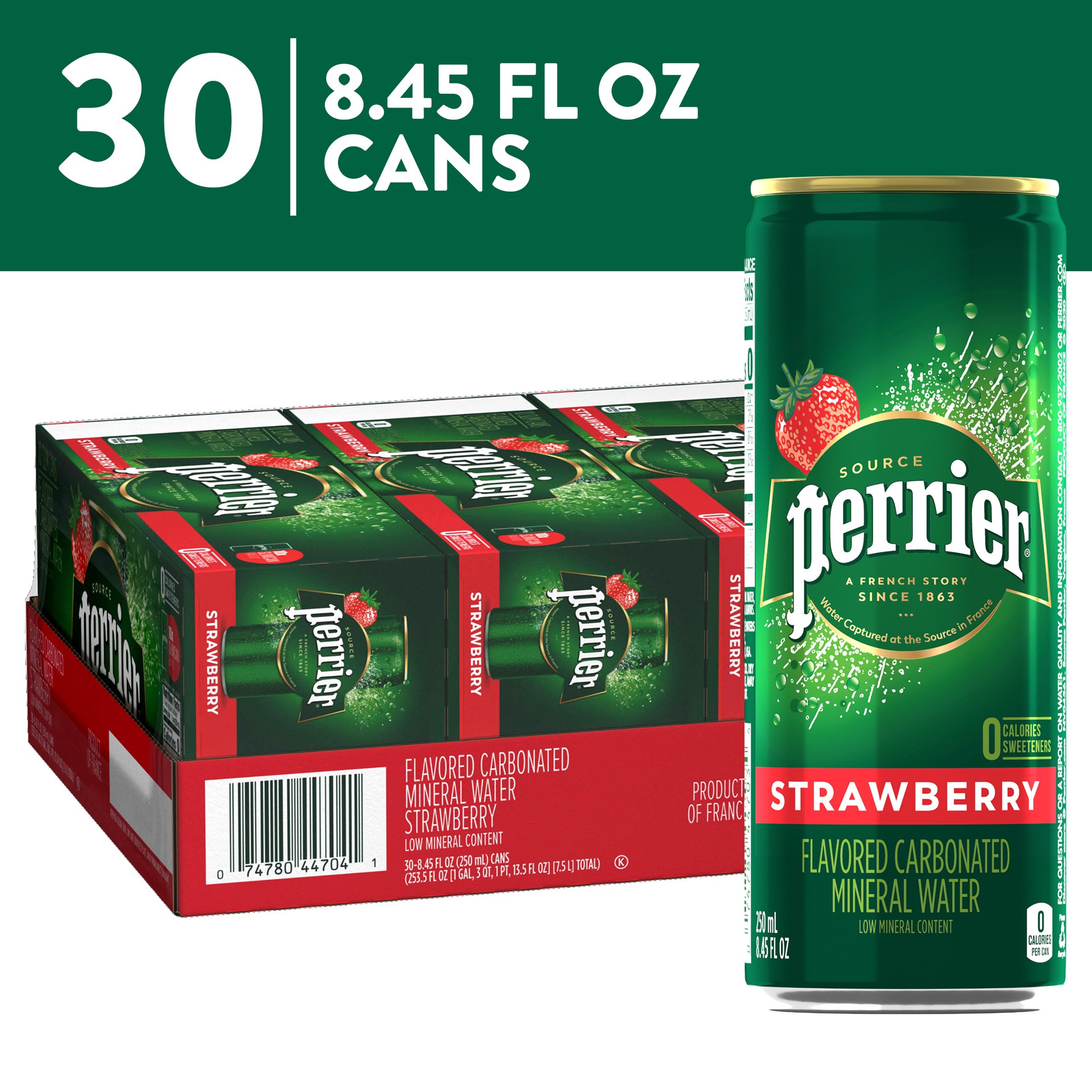 slide 1 of 3, Perrier Strawberry Flavored Sparkling Water, 8.45 FL OZ Slim Cans (30 Count), 253.50 oz