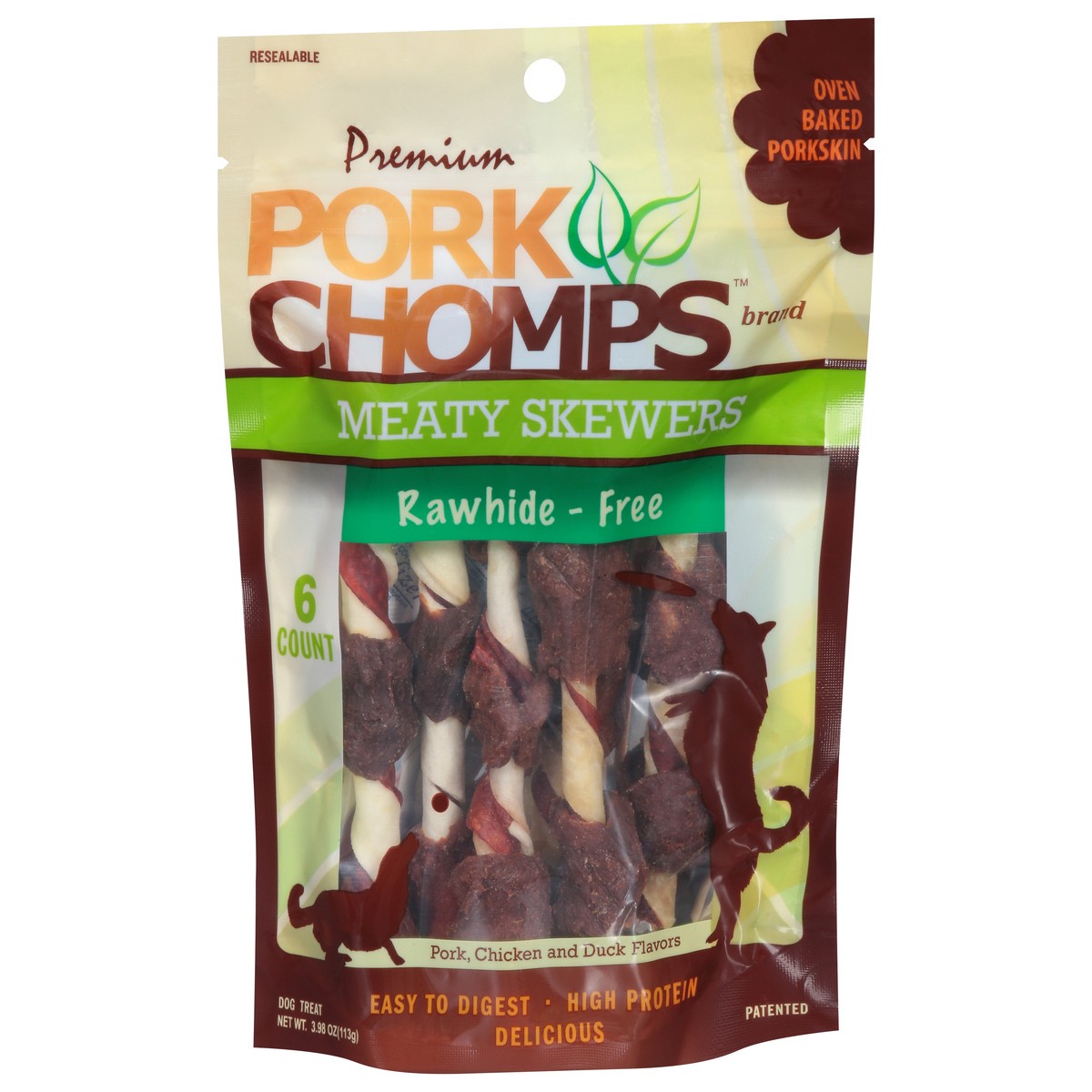 slide 3 of 9, Pork Chomps Porkchomps Rawhide Free Meaty Skewers, 6 ct