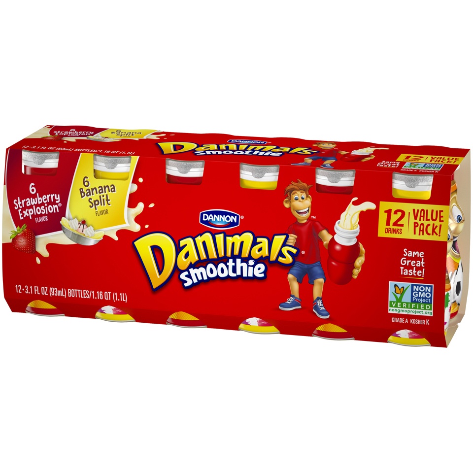 slide 2 of 5, Danimals Dannon Danimals Strawberry Explosion/Banana Split Smoothie, 12 oz