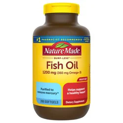 Nature Made Burp Less Fish Oil Omega 3 Supplements, 1200 mg Softgels, Omega 3 Fish Oil for Healthy Heart Support, 200 Softgels, 100 Day Supply