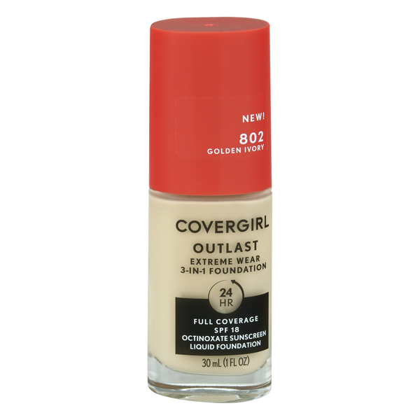 slide 1 of 1, Covergirl Outlast Extreme Wear 3-In-1 Foundation, Golden Ivory 802, Spf 18, 1 fl oz