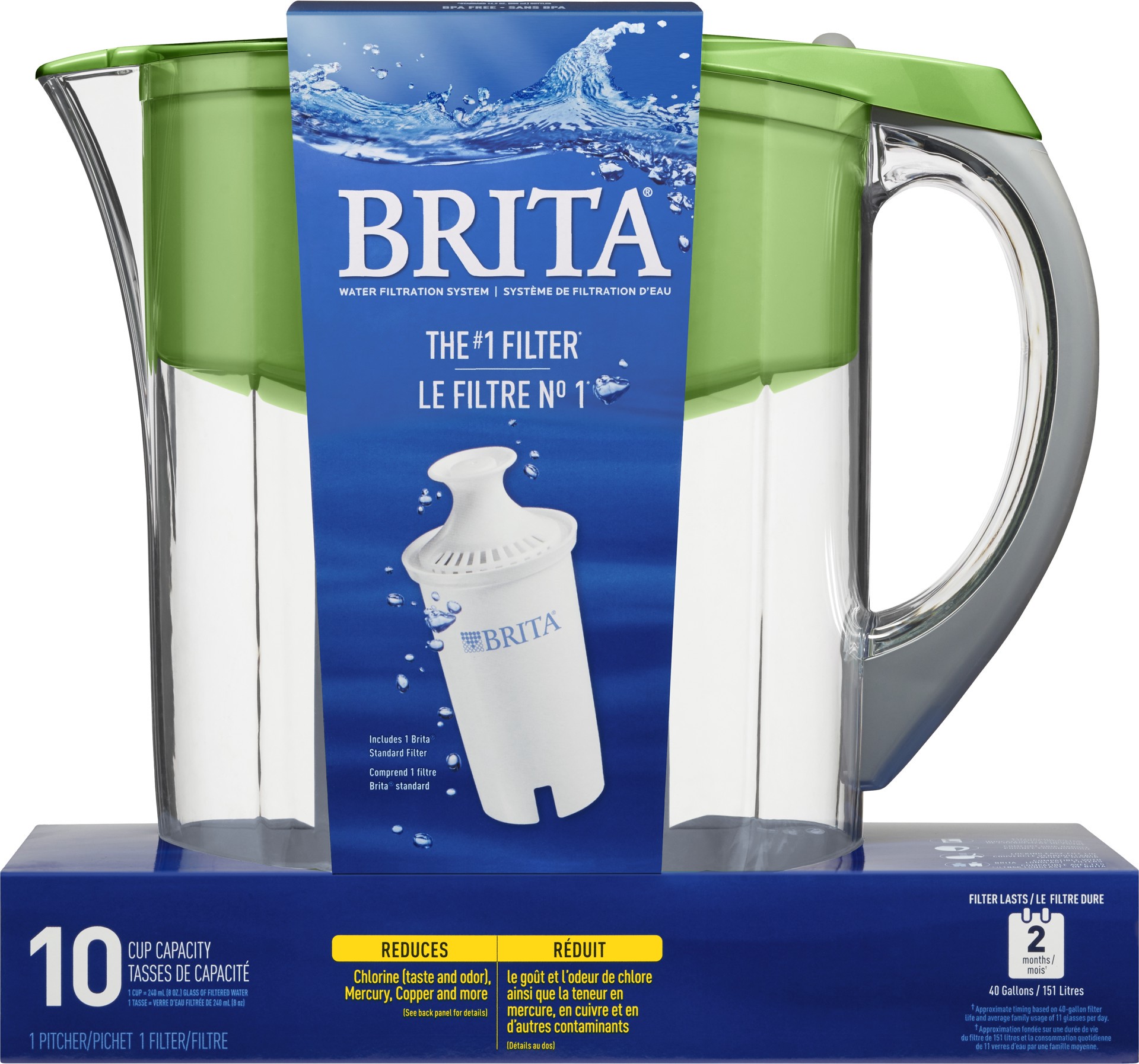 slide 2 of 5, Brita Large 10 Cup Water Filter Pitcher with 1 Standard Filter, Made Without BPA, Grand, Green, 1 cnt