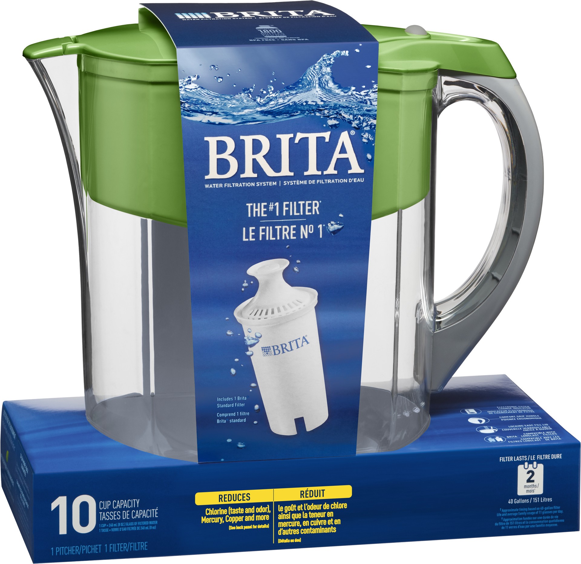 slide 3 of 5, Brita Large 10 Cup Water Filter Pitcher with 1 Standard Filter, Made Without BPA, Grand, Green, 1 cnt