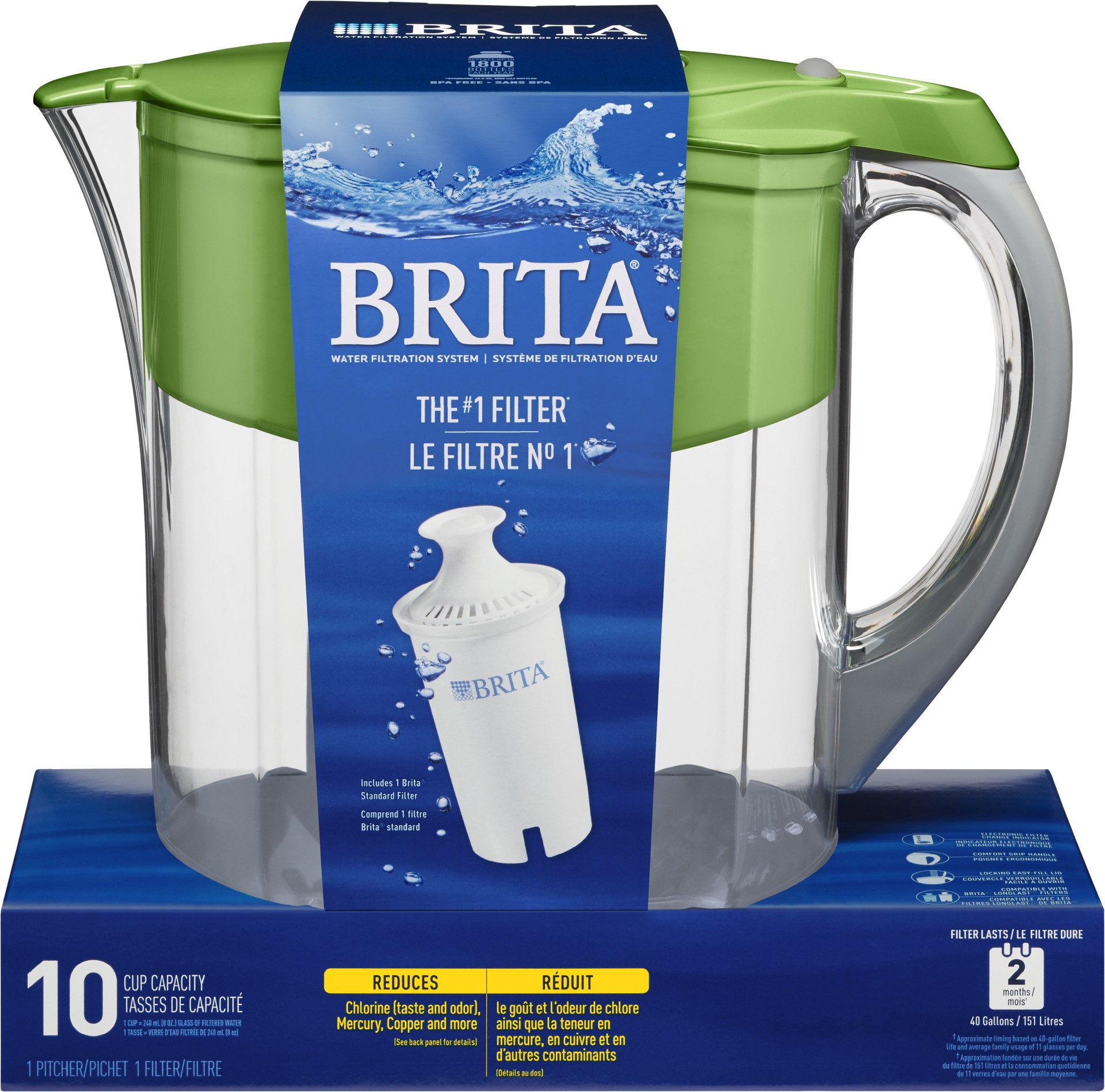 slide 1 of 5, Brita Large 10 Cup Water Filter Pitcher with 1 Standard Filter, Made Without BPA, Grand, Green, 1 cnt