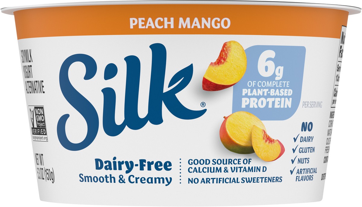 slide 2 of 14, Silk Peach Mango Dairy Free, Soy Milk Yogurt Alternative, Smooth and Creamy Plant Based Yogurt with 6 Grams of Protein Per Serving, 5.3 OZ Container, 5.3 oz