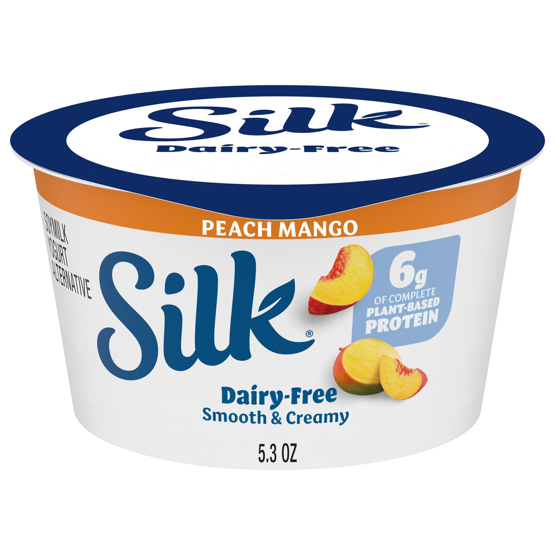 slide 1 of 14, Silk Peach Mango Dairy Free, Soy Milk Yogurt Alternative, Smooth and Creamy Plant Based Yogurt with 6 Grams of Protein Per Serving, 5.3 OZ Container, 5.3 oz