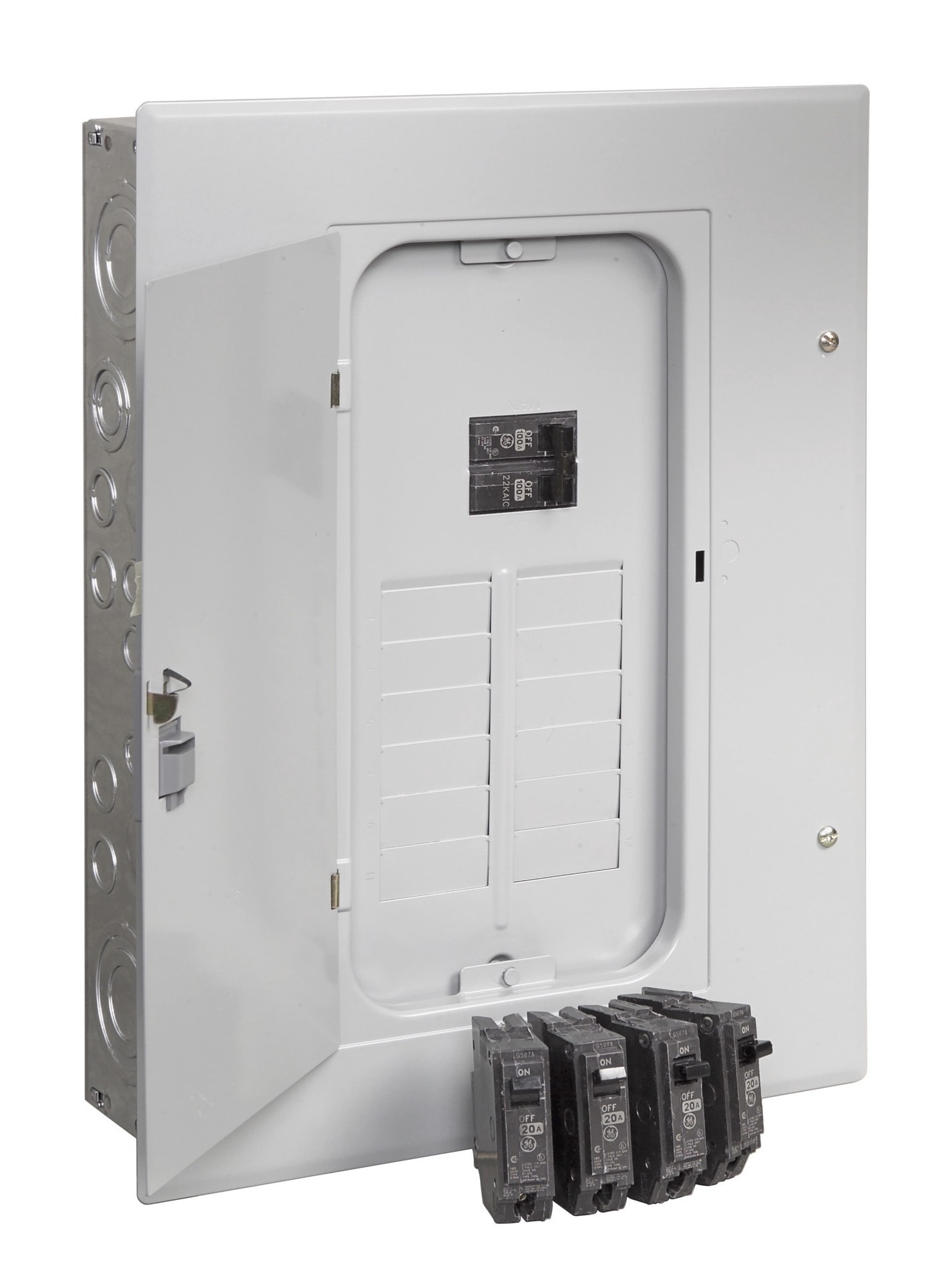 slide 4 of 5, GE PowerMark Gold 100 -Amp 22 -Spaces 12 -Circuit Indoor Main Breaker Load Center (Value Pack), 1 ct