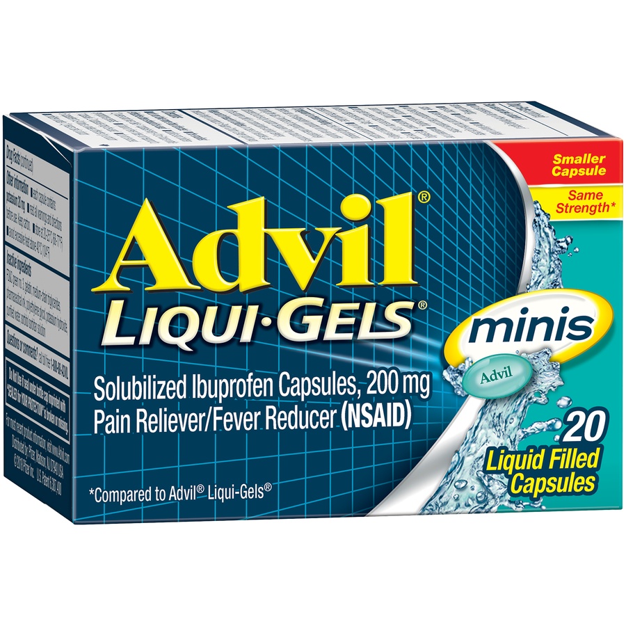 slide 3 of 7, Advil Liqui-Gels minis Pain Reliever and Fever Reducer, Ibuprofen 200mg for Pain Relief - 20 Liquid Filled Capsules, 20 ct