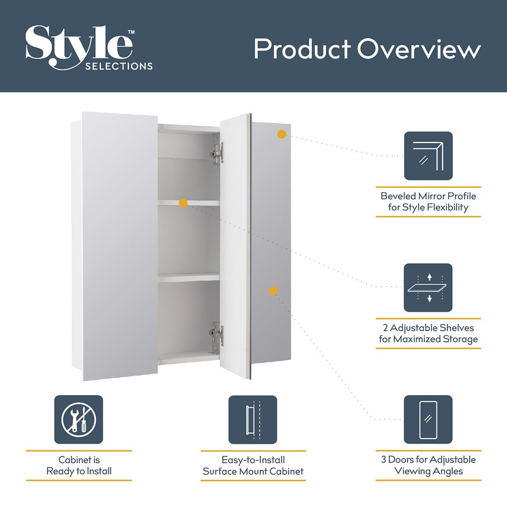 slide 3 of 6, Style Selections 24.25-in x 25-in Surface Mount White Mirrored Rectangle Medicine Cabinet, 1 ct