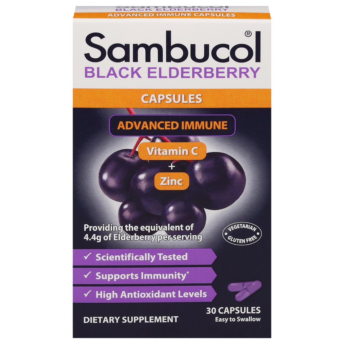 slide 1 of 9, Sambucol Black Elderberry Advanced Immune 30 Capsules, 30 ct