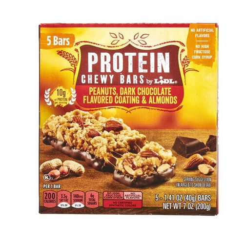 slide 1 of 1, chewy protein bars, peanuts, dark chocolate flavored coating & almonds, 7.1 oz