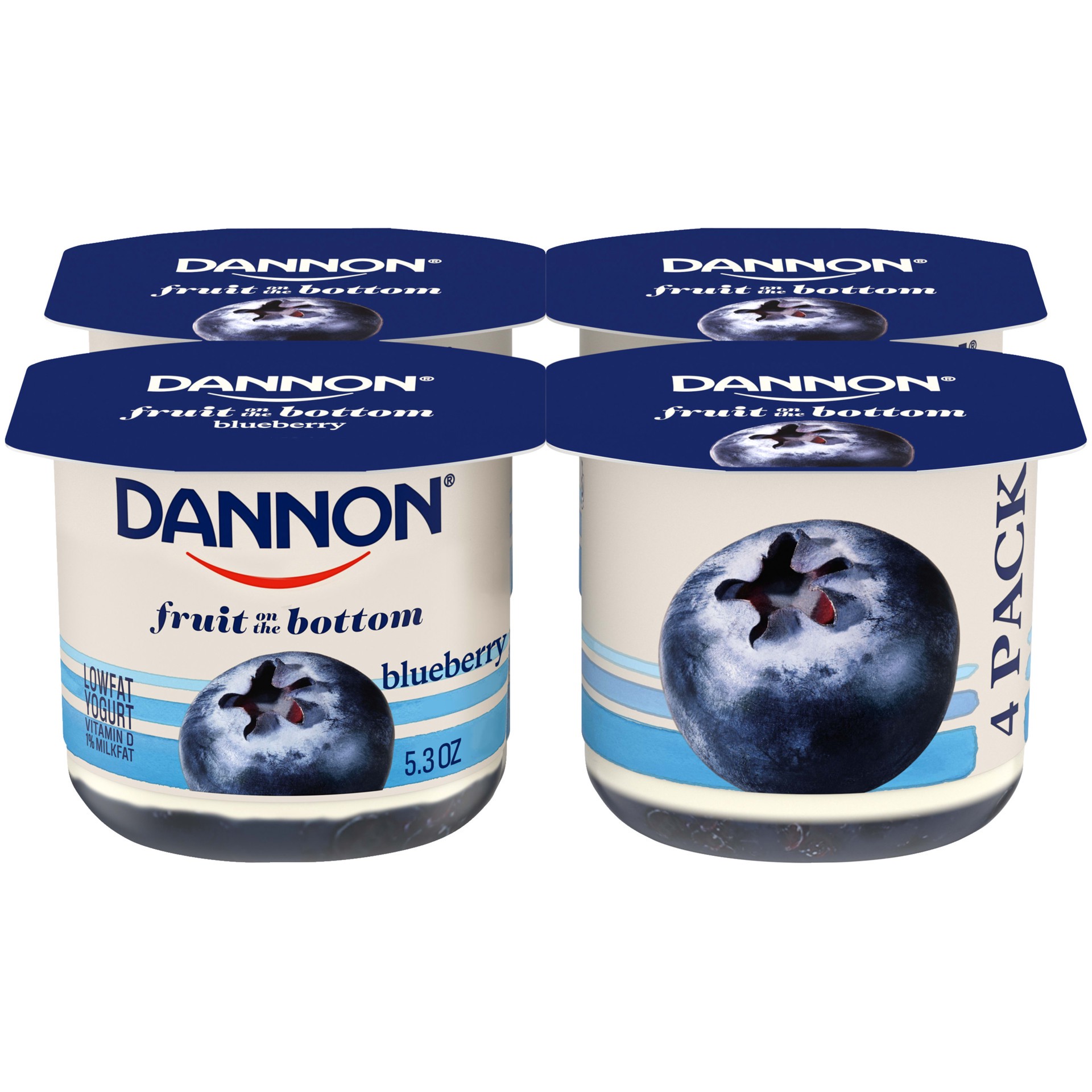 slide 1 of 1, Dannon Fruit on the Bottom Low Fat Regular Yogurt, Blueberry, 5.3 oz., 4 Pack, 5.3 oz