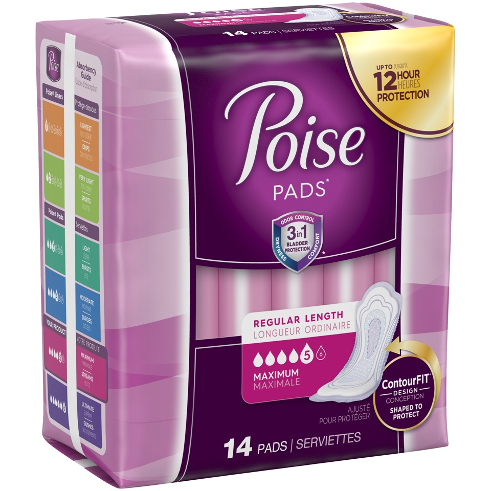 slide 2 of 3, Poise Incontinence Pads & Postpartum Incontinence Pads, 5 Drop Maximum Absorbency, Regular Length, 14 Count, 14 ct