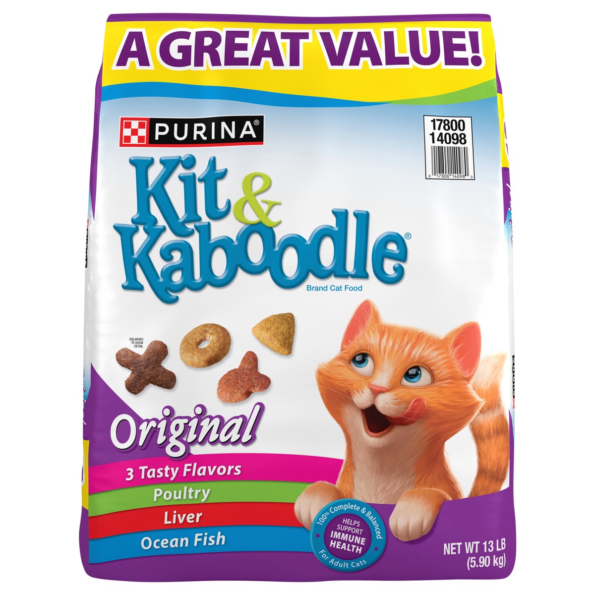 slide 1 of 8, Purina Kit and Kaboodle Dry Cat Food Original Poultry, Liver and Ocean Fish Flavors, 13 lb