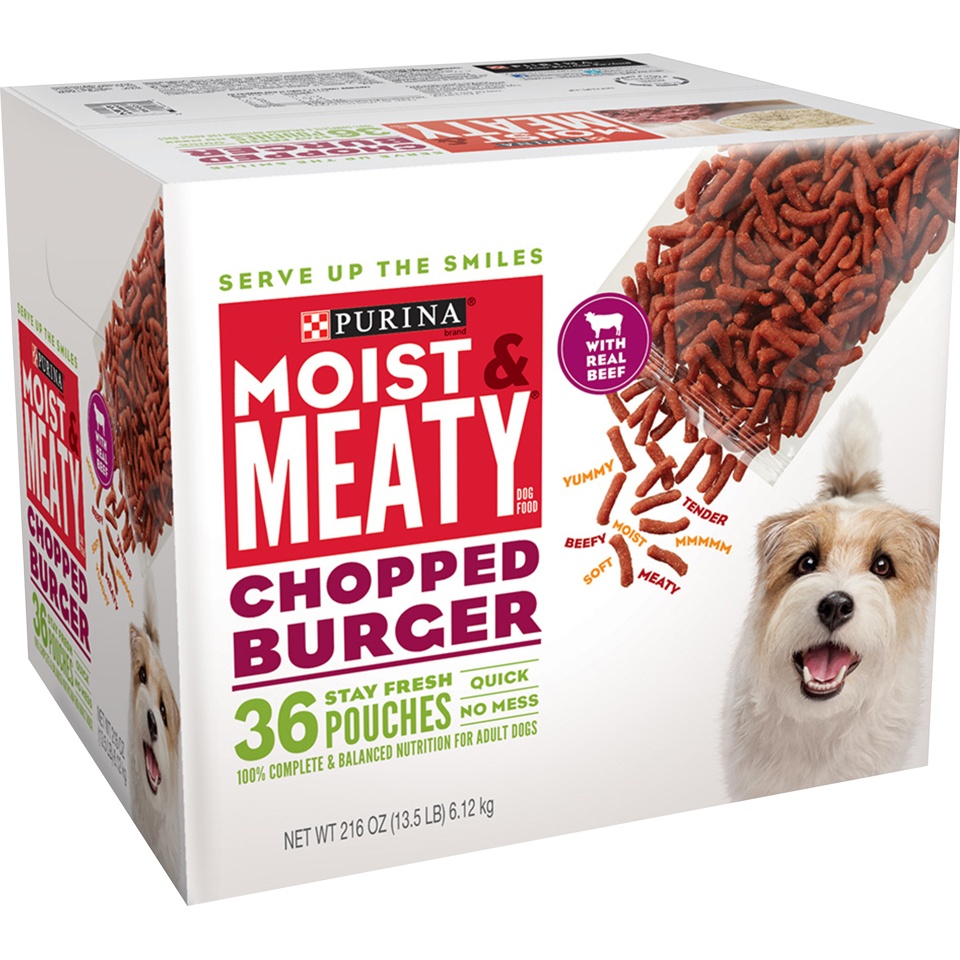 slide 2 of 6, Moist & Meaty Purina Moist and Meaty Dog Food Chopped Burger Soft Dog Food Pouches, 216 oz