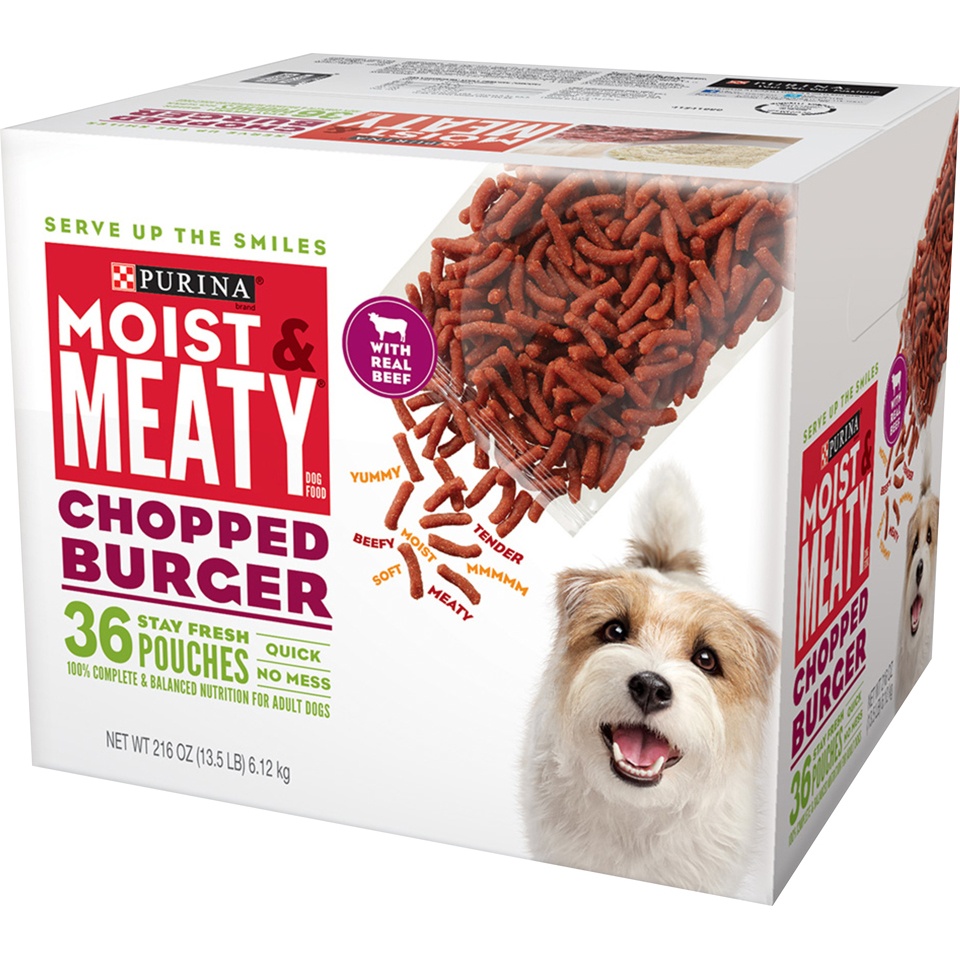 slide 4 of 6, Moist & Meaty Purina Moist and Meaty Dog Food Chopped Burger Soft Dog Food Pouches, 216 oz