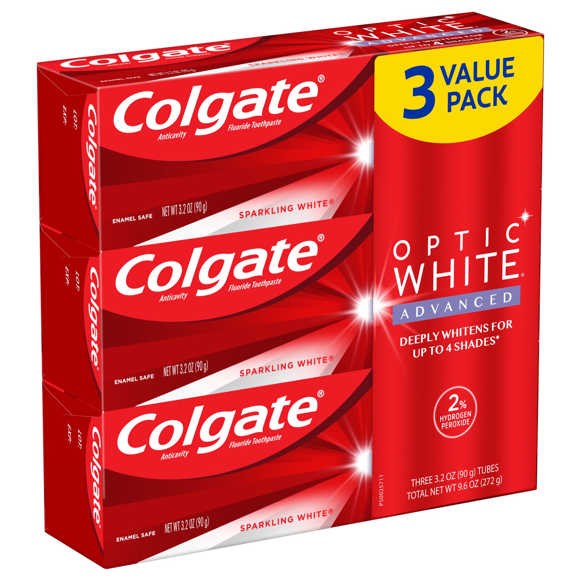 slide 3 of 10, Colgate Optic White Advanced Hydrogen Peroxide Toothpaste Pk., Sparkling White, 3 ct
