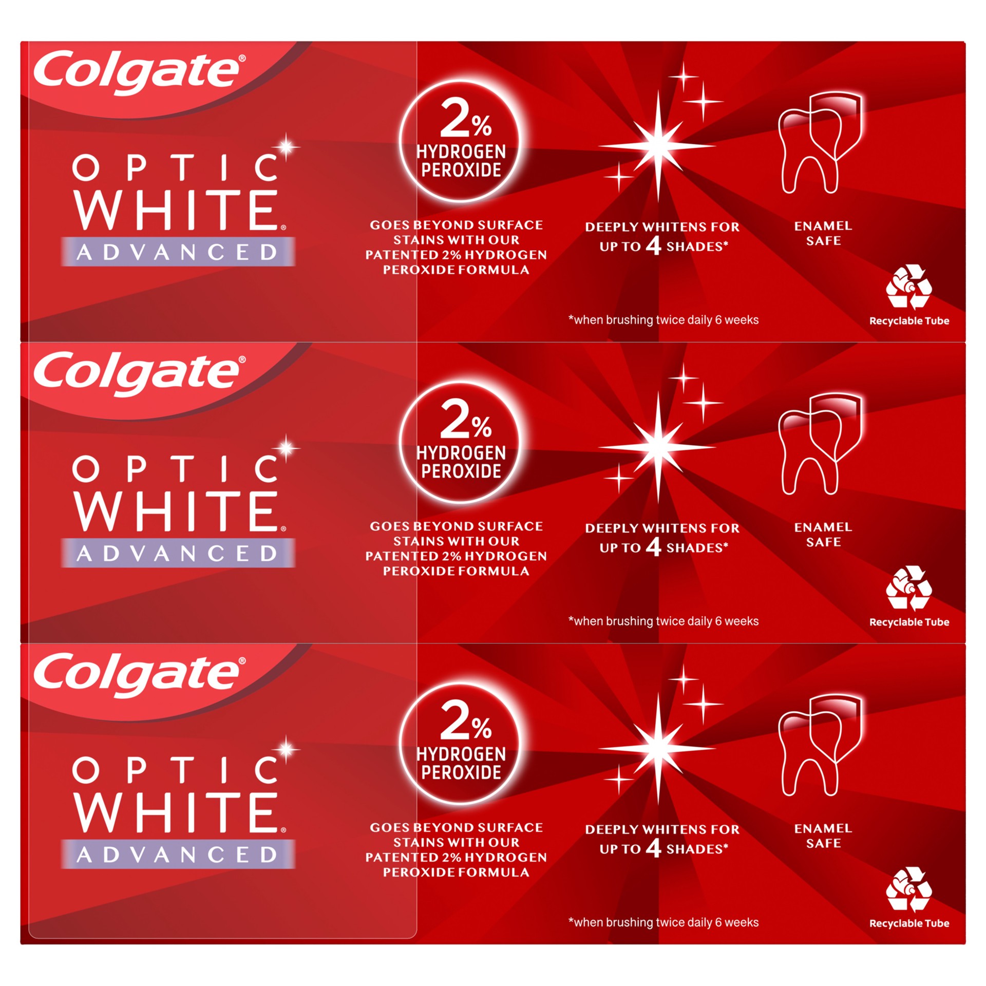 slide 4 of 10, Colgate Optic White Advanced Hydrogen Peroxide Toothpaste Pk., Sparkling White, 3 ct