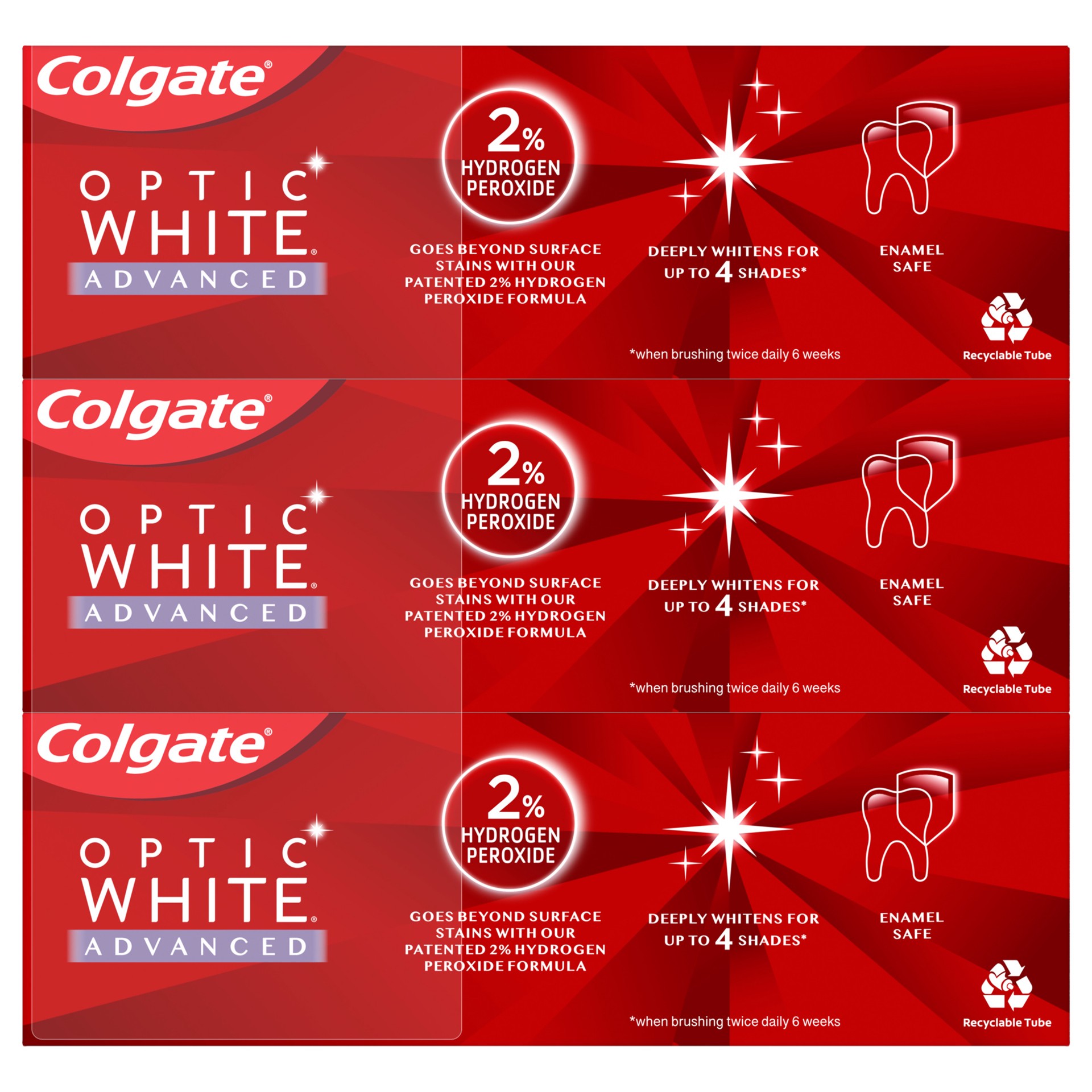 slide 6 of 10, Colgate Optic White Advanced Teeth Whitening Toothpaste, Sparkling White, 3.2 Oz, 3 Pack, 9.6 oz