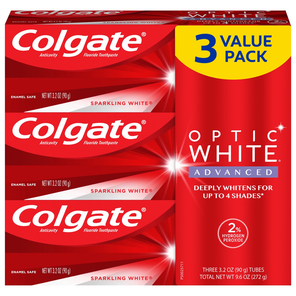 slide 1 of 10, Colgate Optic White Advanced Hydrogen Peroxide Toothpaste Pk., Sparkling White, 3 ct