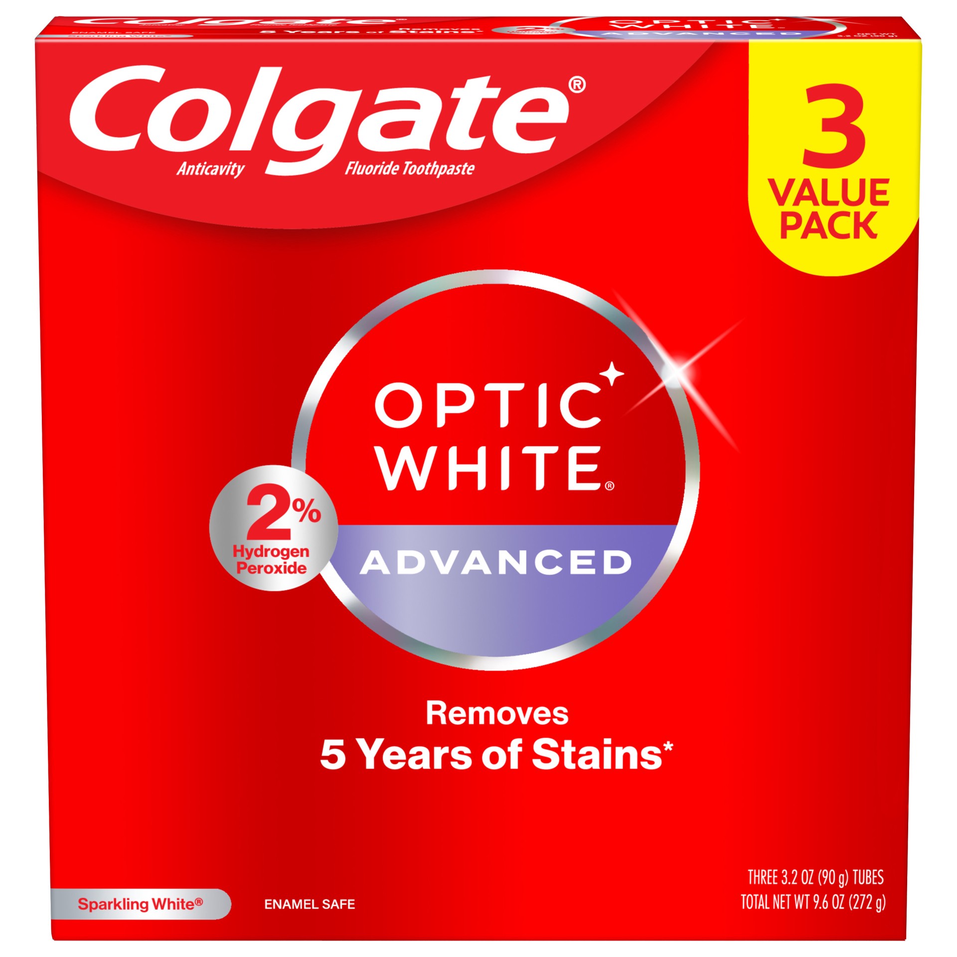 slide 1 of 10, Colgate Optic White Advanced Teeth Whitening Toothpaste, Sparkling White, 3.2 Oz, 3 Pack, 9.6 oz