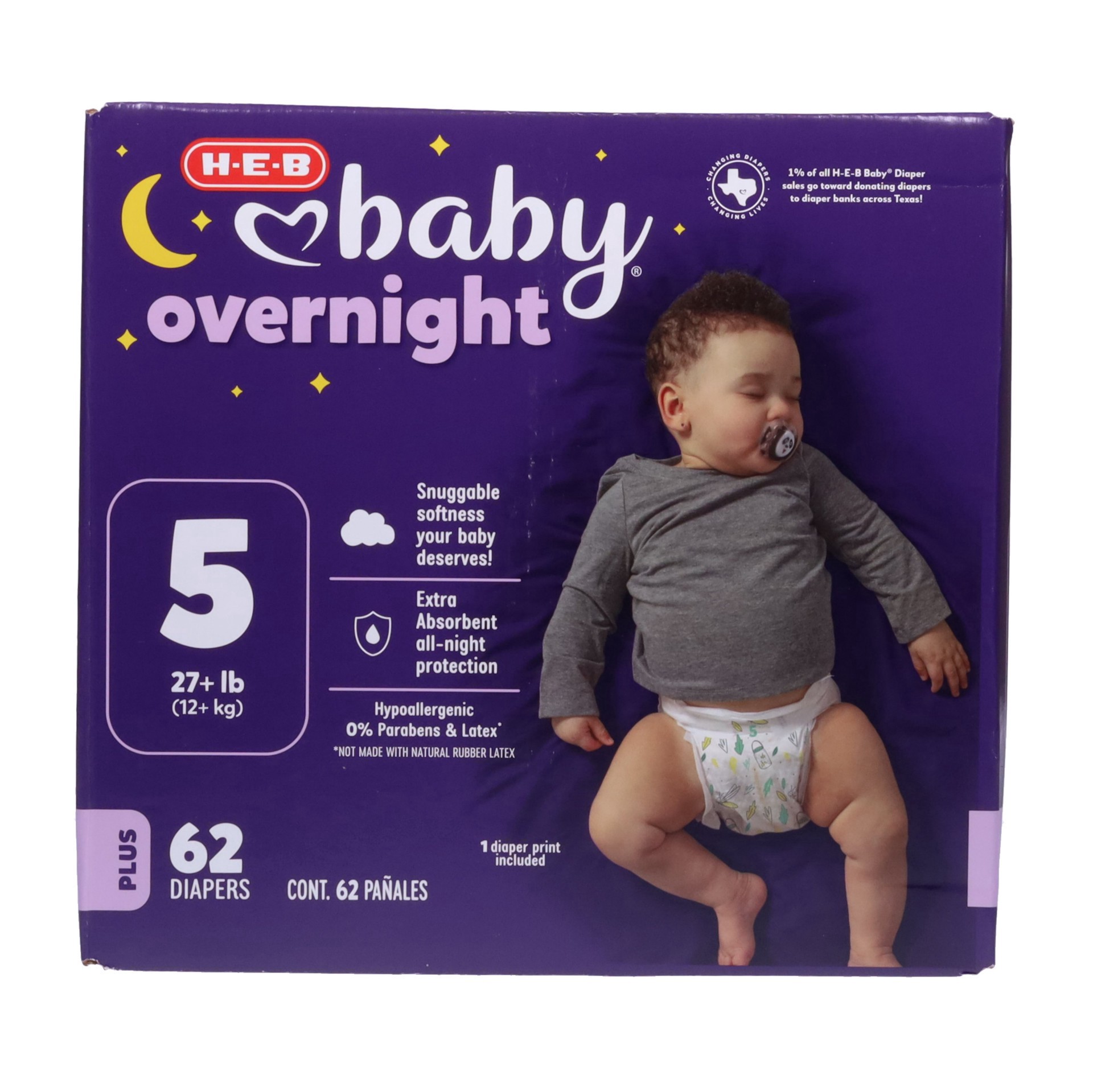 slide 1 of 1, H-E-B Baby Plus Overnight Diapers – Size 5, 62 ct