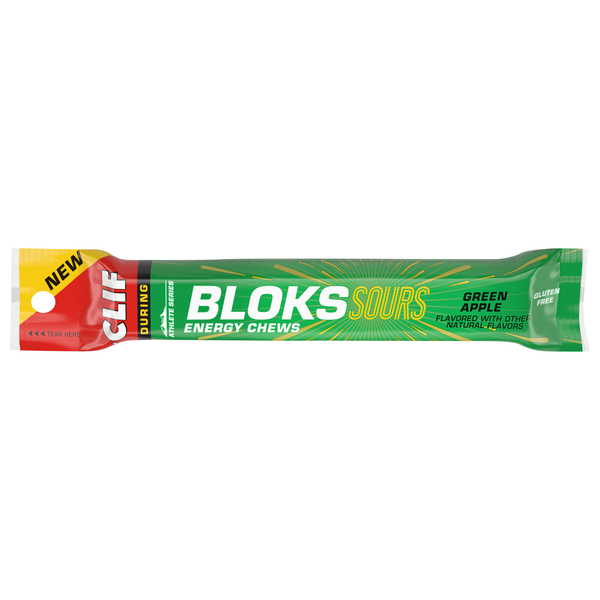 slide 1 of 1, CLIF BLOKS SOURS - Green Apple Flavor - Energy Chews - Non-GMO - Plant Based - Fast Fuel for Cycling and Running - Quick Carbohydrates and Electrolytes - 2.12 oz., 2.12 oz