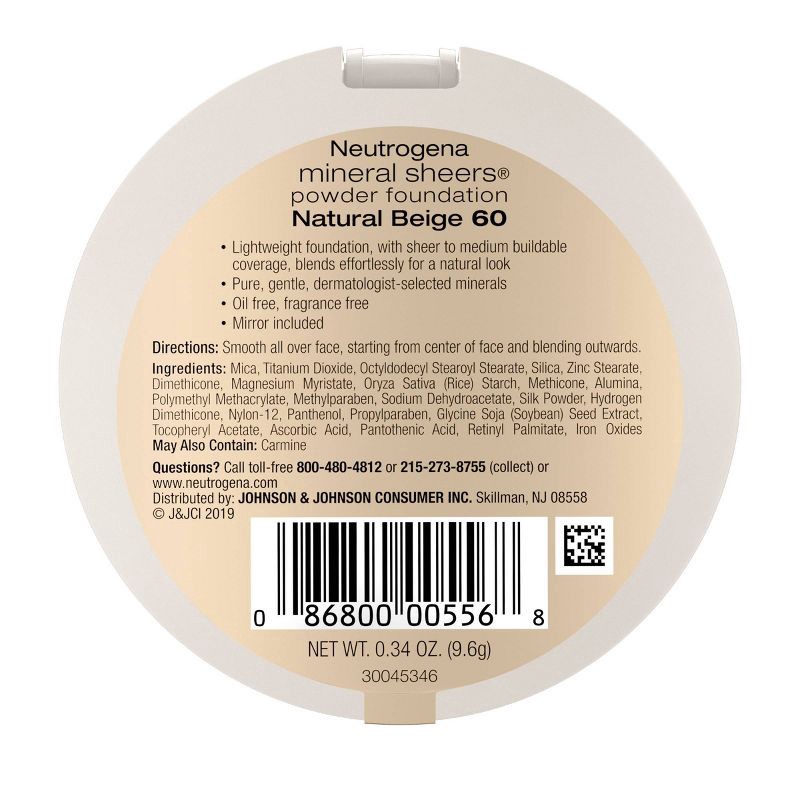 slide 6 of 6, Neutrogena Mineral Sheers Compact Powder Foundation, Lightweight & Oil-Free - 60 Natural Beige - 0.34oz, 0.34 oz