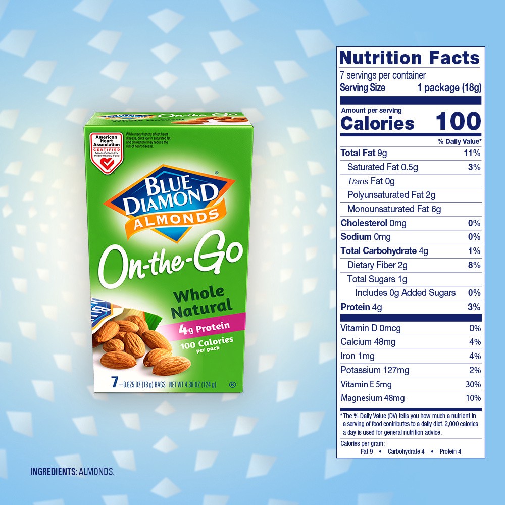 slide 2 of 2, Blue Diamond, Whole Natural Almonds, 100 Calorie Pack, Pack of 7, 4.38 oz