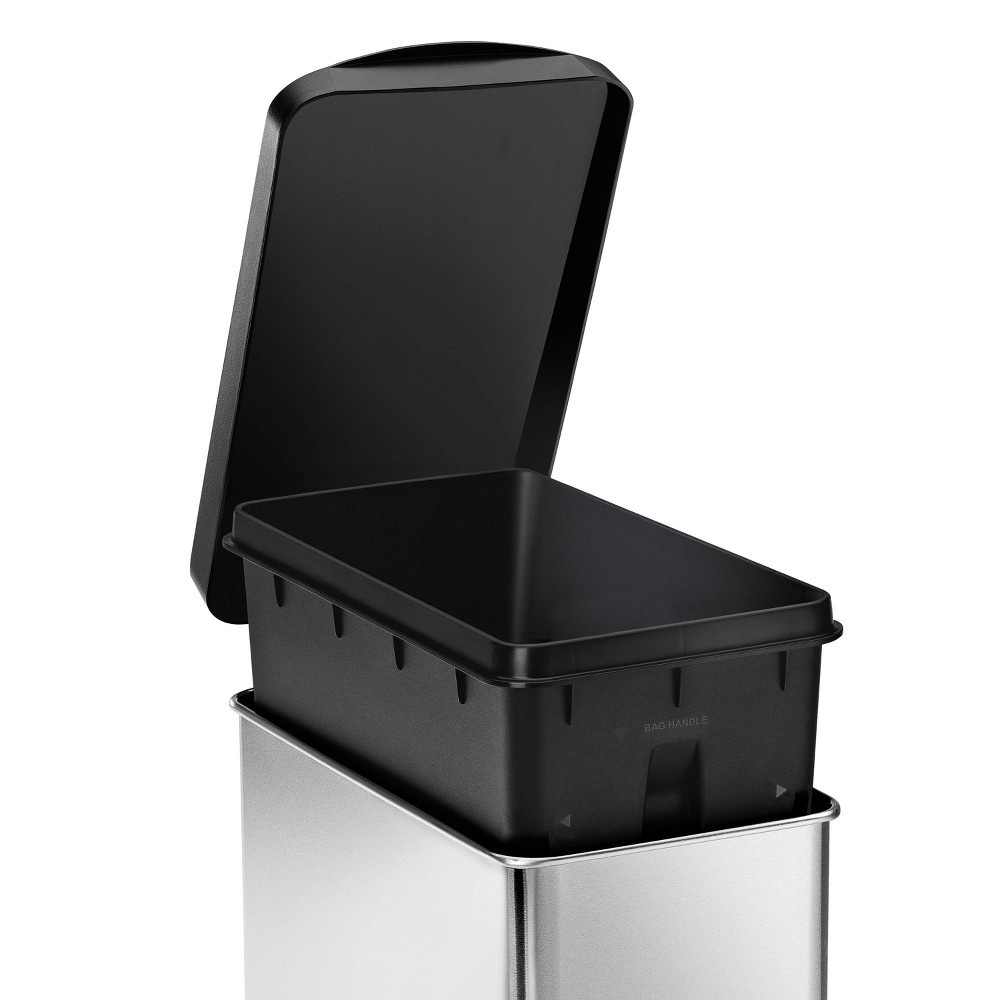 slide 4 of 6, Simplehuman Studio Profile Step Trash Can, Brushed Stainless Steel - Black Plastic Lid, 10 liter