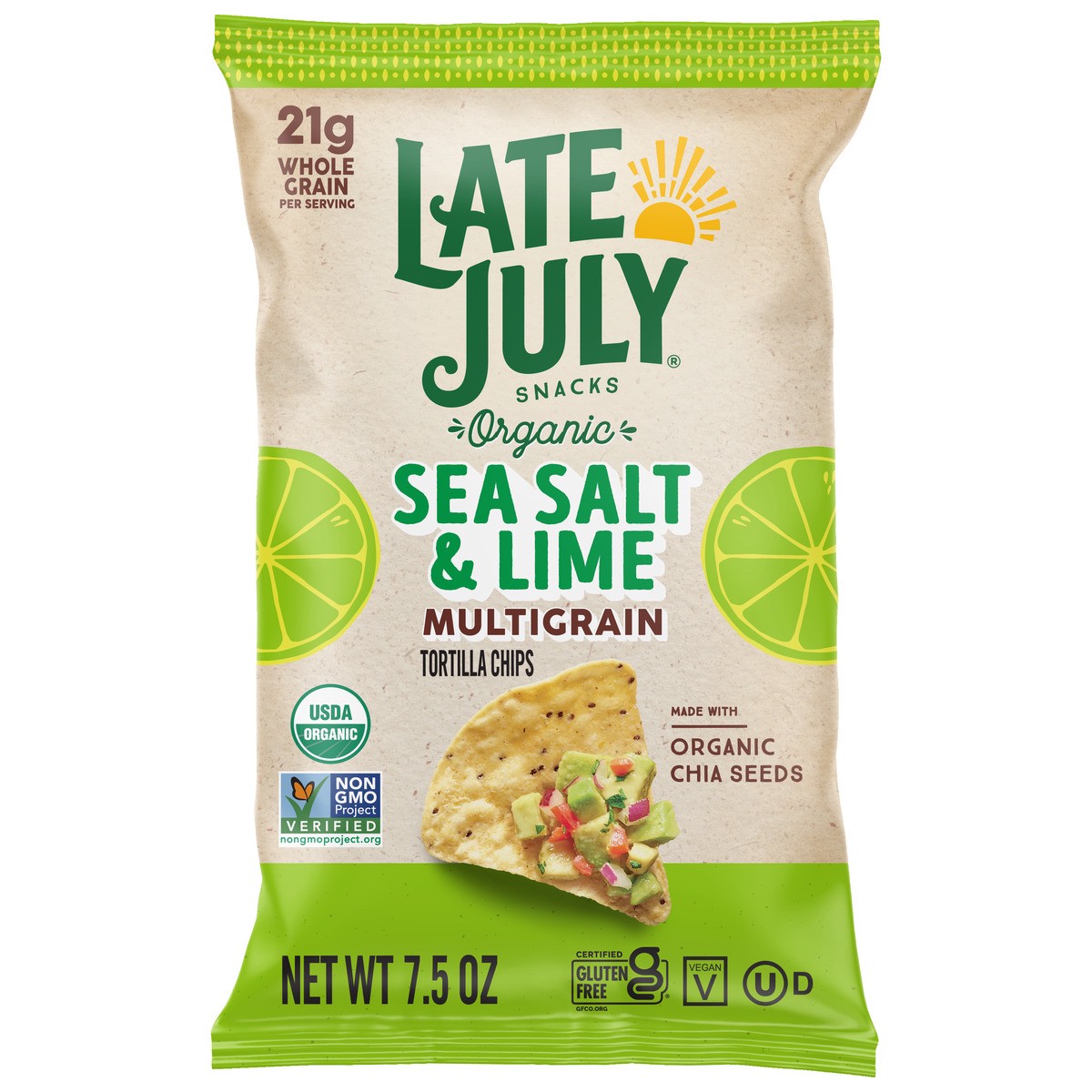 slide 1 of 5, Late July Snacks Late July Multigrain Sea Salt & Lime Organic Tortilla Chips, 7.5 Oz Bag, 7.500 oz