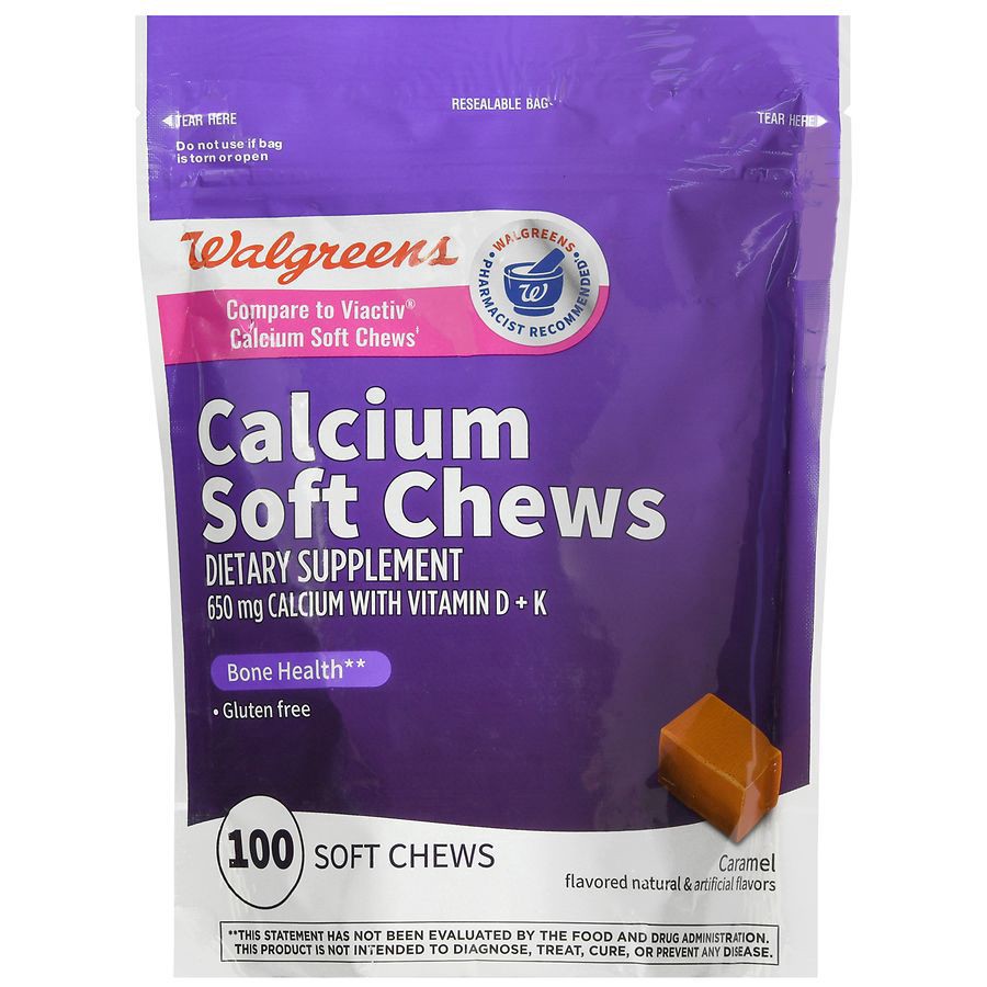 slide 4 of 5, Walgreens 650 mg Calcium Soft Chews with Vitamin D + K, 100 ct