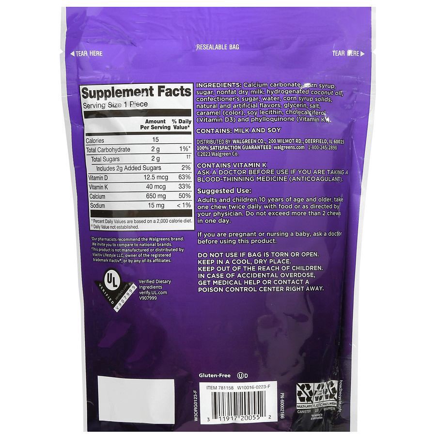 slide 2 of 5, Walgreens 650 mg Calcium Soft Chews with Vitamin D + K, 100 ct