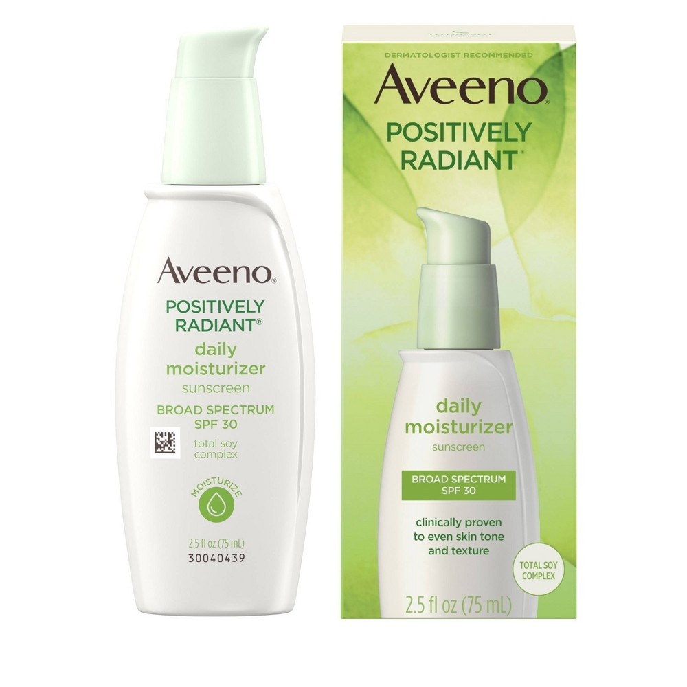 slide 4 of 12, Aveeno Positively Radiant Daily Moisturizer with Soy - 2.5 fl oz - SPF 30, 2.5 fl oz