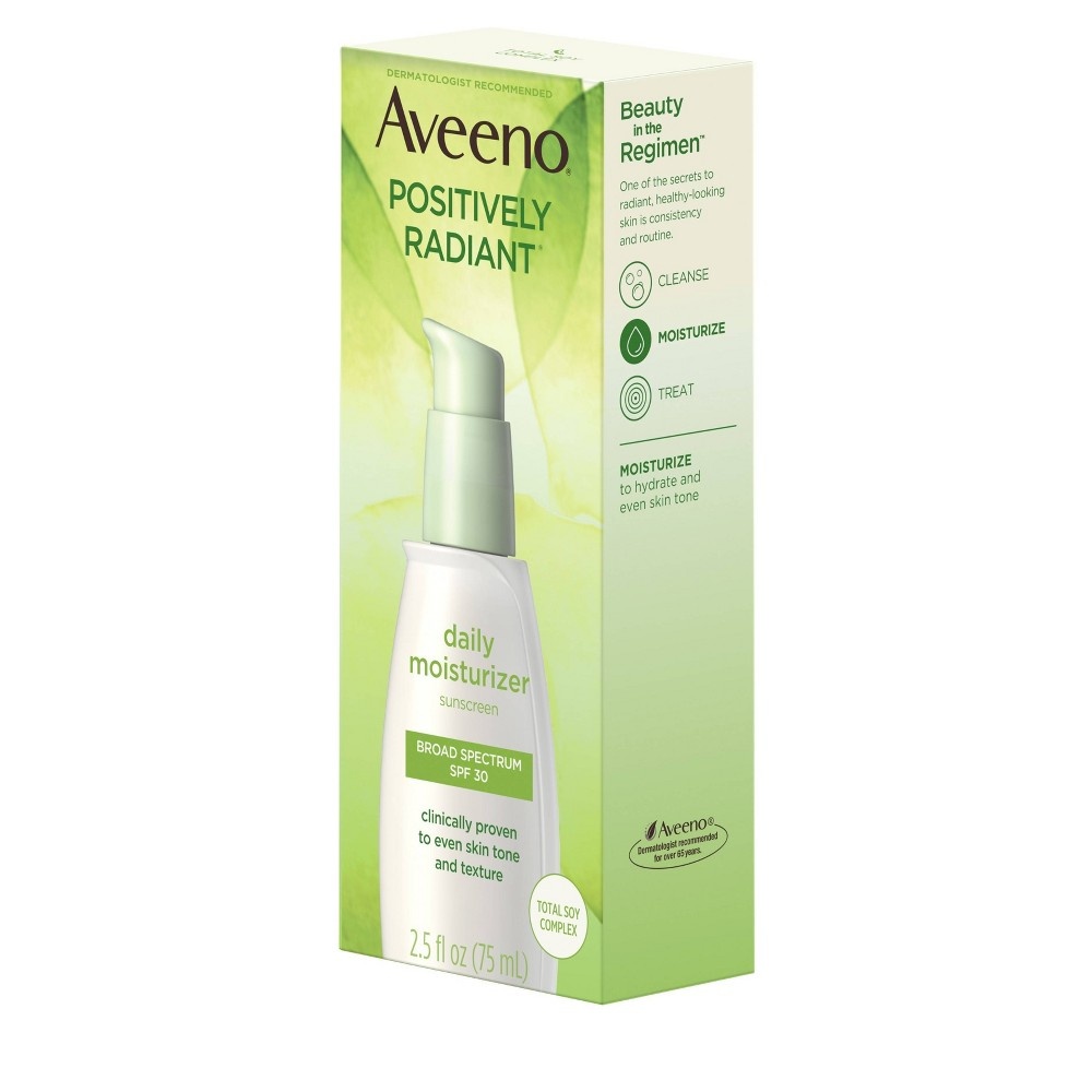 slide 5 of 12, Aveeno Positively Radiant Daily Moisturizer with Soy - 2.5 fl oz - SPF 30, 2.5 fl oz