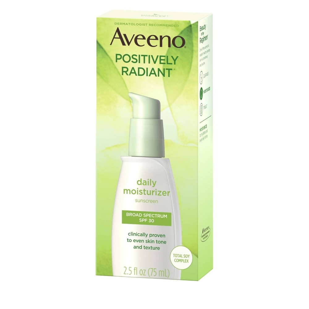 slide 8 of 12, Aveeno Positively Radiant Daily Moisturizer with Soy - 2.5 fl oz - SPF 30, 2.5 fl oz