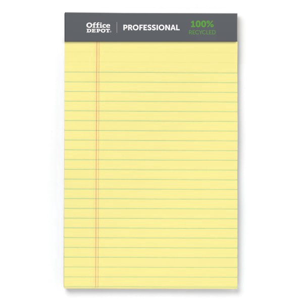 slide 4 of 6, Office Depot® Brand Professional Writing Pads, 5"" x 8"", Narrow Ruled, 50 Sheets, 100% Recycled, Canary, Pack Of 6, 6 ct