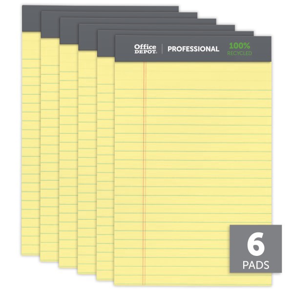 slide 2 of 6, Office Depot® Brand Professional Writing Pads, 5"" x 8"", Narrow Ruled, 50 Sheets, 100% Recycled, Canary, Pack Of 6, 6 ct